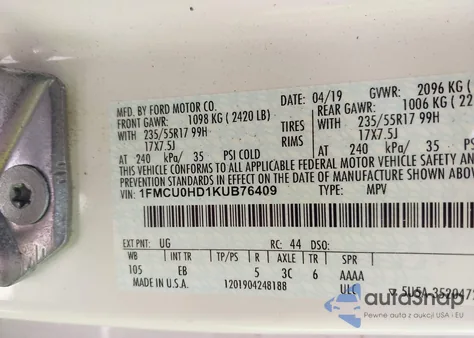 2019 Ford Escape Sel из США, поврежденный, VIN 1FMCU0HD1KUB76409